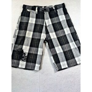 Micros Plaid Shorts Mens 30x11 Black White Front Logo Flat Front Skater